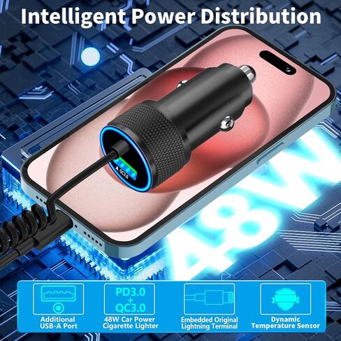 [معتمد من Apple MFi] شاحن سيارة iPhone سريع، Linocell 48W USB-C PD&QC ولاعة سجائر شاحن سيارة Carplay مع كابل ملفوف من النوع C إلى Lightning بطول 6 أقدام لهاتف iPhone 14 13 12 11 Pro XS XR X SE iPad in Kuwait