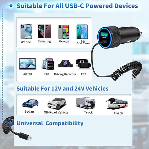 [معتمد من Apple MFi] شاحن سيارة iPhone سريع، Linocell 48W USB-C PD&QC ولاعة سجائر شاحن سيارة Carplay مع كابل ملفوف من النوع C إلى Lightning بطول 6 أقدام لهاتف iPhone 14 13 12 11 Pro XS XR X SE iPad in Kuwait
