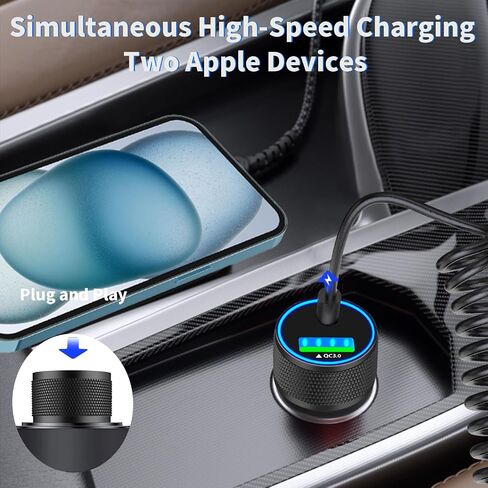 [معتمد من Apple MFi] شاحن سيارة iPhone سريع، Linocell 48W USB-C PD&QC ولاعة سجائر شاحن سيارة Carplay مع كابل ملفوف من النوع C إلى Lightning بطول 6 أقدام لهاتف iPhone 14 13 12 11 Pro XS XR X SE iPad in Kuwait