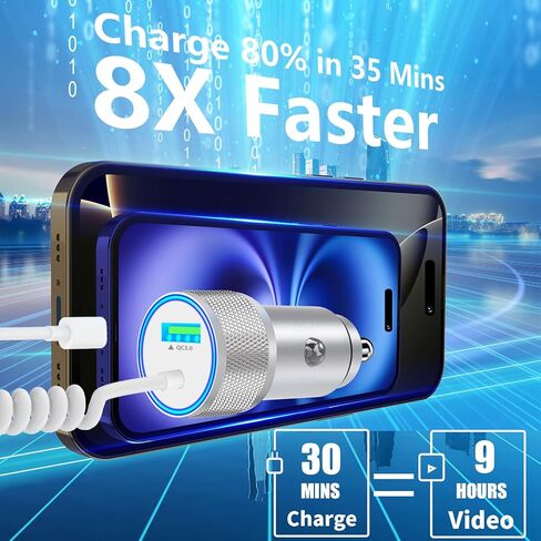 [معتمد من Apple MFi] شاحن سيارة iPhone سريع، Linocell 48W USB-C PD&QC ولاعة سجائر شاحن سيارة Carplay مع كابل ملفوف من النوع C إلى Lightning بطول 6 أقدام لهاتف iPhone 14 13 12 11 Pro XS XR X SE iPad in Kuwait