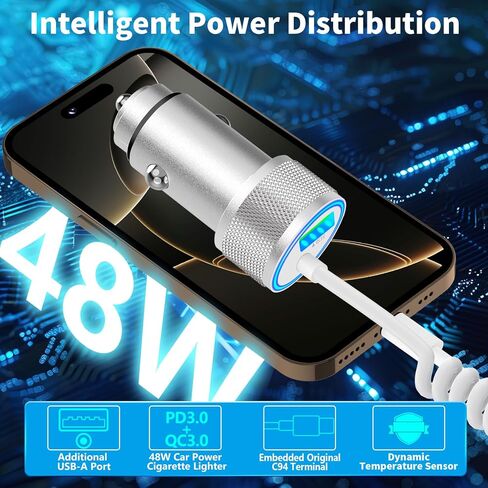 [معتمد من Apple MFi] شاحن سيارة iPhone سريع، Linocell 48W USB-C PD&QC ولاعة سجائر شاحن سيارة Carplay مع كابل ملفوف من النوع C إلى Lightning بطول 6 أقدام لهاتف iPhone 14 13 12 11 Pro XS XR X SE iPad in Kuwait