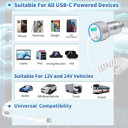 [معتمد من Apple MFi] شاحن سيارة iPhone سريع، Linocell 48W USB-C PD&QC ولاعة سجائر شاحن سيارة Carplay مع كابل ملفوف من النوع C إلى Lightning بطول 6 أقدام لهاتف iPhone 14 13 12 11 Pro XS XR X SE iPad in Kuwait