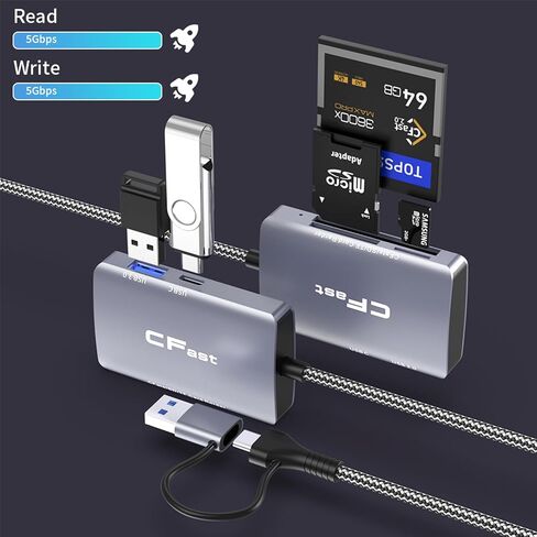 CFast 2.0 Card Reader, 5 in 2 SD/TF Memory Card Reader, 5Gbps PD/USB 3.2 Gen 1 Adapter with USB to USB C/USB A Cable Compatible with Windows/Mac/Linux/Android (5 in 2) in Saudi Arabia
