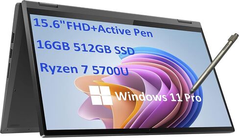 Lenovo IdeaPad Flex 5 15.6" 2-in-1 Touchscreen (AMD 8-Core Ryzen 7 5700U, 16GB RAM, 512GB PCIe SSD, Webcam, Active Stylus), FHD Convertible Laptop, Backlit, Fingerprint, Windows 11 Pro (Renewed) in Saudi Arabia