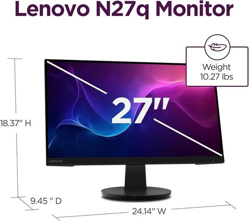 شاشة Lenovo N27q - 2024 - شاشة عمل - شاشة IPS مقاس 27 بوصة - دقة QHD - 100 هرتز - زاوية عرض 178 درجة - ضوء أزرق منخفض TÜV - حامل إمالة كامل الوظائف - تصميم قريب من الحواف in Saudi Arabia