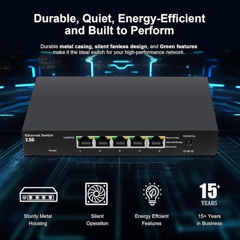 5-Port 2.5Gb Ethernet Switch,25Gbps High-Speed Unmanaged Switch,5 x 2.5GBASE-T Ports,Fanless Metal Design, Wall Mountable,Plug - Play in Saudi Arabia
