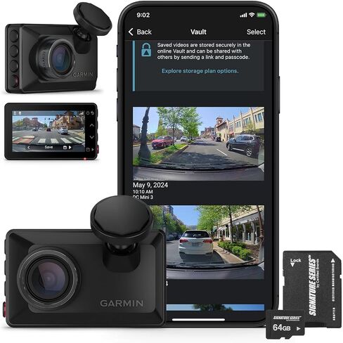 Garmin Dash Cam X110 Compact 1080p HD Camera | 140° FOV, Clarity Polarizer, Voice Control, GPS, 2.4" Display, Automatic Incident Detection Recording | Signature Series 64GB Micro SDXC Card in Saudi Arabia
