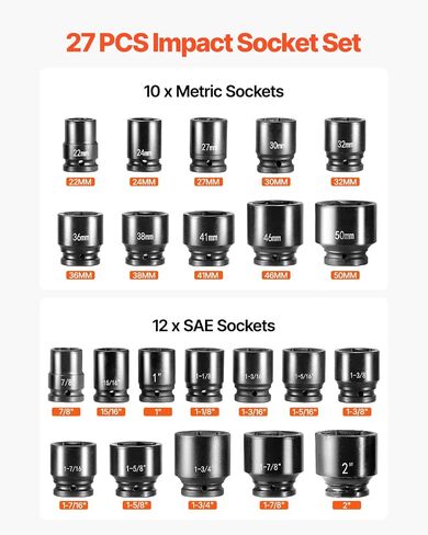VEVOR Impact Socket Set 3/4 Inches 27 Piece Standard Impact Sockets, Socket Assortment, 3/4 Inches Drive Socket Set Impact Standard SAE (7/8 Inches to 2 Inches) & Metric Sizes (22 mm-50 mm) in Saudi Arabia
