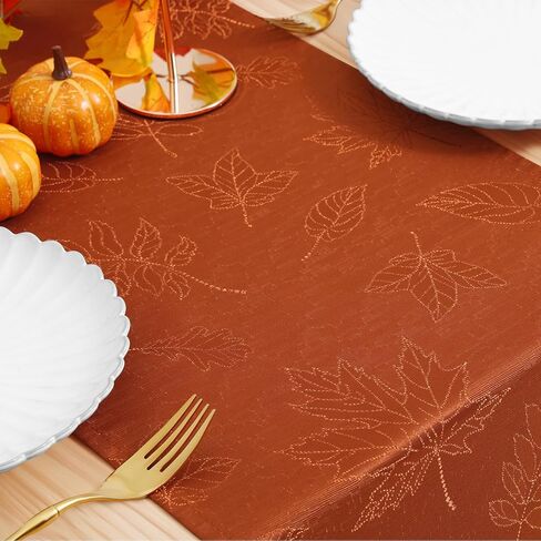 smiry Fall Table Runner, 13x72 Inch Autumn Leaves Damask Table Runner, Fabric Table Runner for Harvest Parties, and Thanksgiving Dinner, Rust in Kuwait