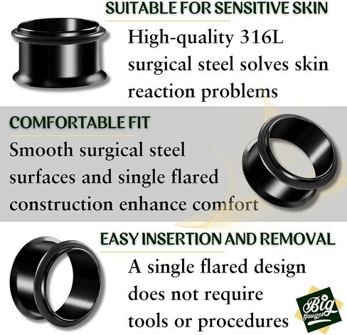 Pair of 316L Surgical Steel Black Anodized Single Flared Piercing Jewelry Ear flesh Tunnel O-ring Earring Lobe Stretcher Plug in Kuwait