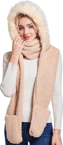 Winter Faux Fur Fuzzy Trim Sherpa Hooded Scarf Cute 3-in-1 Scarf Hat Gloves Set for Women in Kuwait