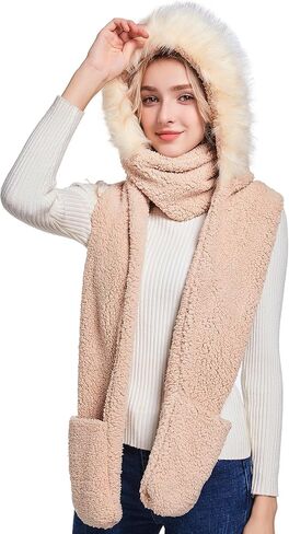 Winter Faux Fur Fuzzy Trim Sherpa Hooded Scarf Cute 3-in-1 Scarf Hat Gloves Set for Women in Kuwait