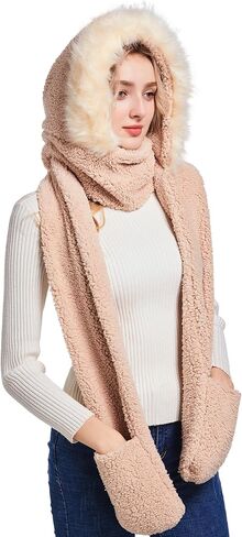 Winter Faux Fur Fuzzy Trim Sherpa Hooded Scarf Cute 3-in-1 Scarf Hat Gloves Set for Women in Kuwait