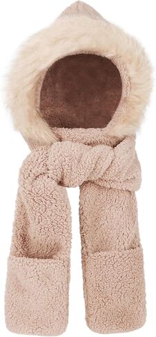Winter Faux Fur Fuzzy Trim Sherpa Hooded Scarf Cute 3-in-1 Scarf Hat Gloves Set for Women in Kuwait
