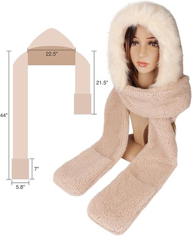 Winter Faux Fur Fuzzy Trim Sherpa Hooded Scarf Cute 3-in-1 Scarf Hat Gloves Set for Women in Kuwait