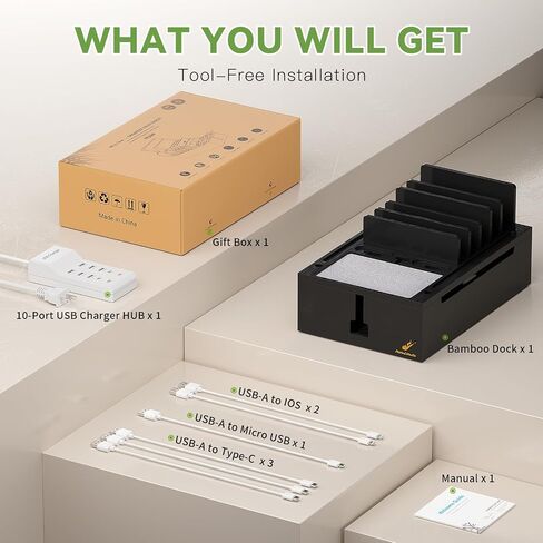 Pezin & Hulin Bamboo Charging Station for Multiple Devices-Natural+White in Kuwait