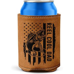 Christmas Fishing Gifts For Dad - Fishing Present For Dad, Husband From Son, Wife - Christmas, Birthday Gift For Fisherman - Reel Cool Dad 12Oz Fit Collapsible Leather Beer Can Cooler Holder