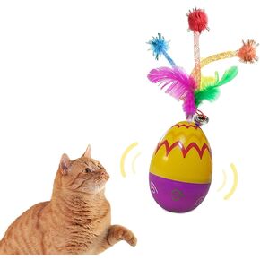 Kitten Self Play Roly-Poly Easter Egg Cat Toys, Cat Tumbler Egg Toys with Feather and Bell, Cat Feather Bell Toy and Interactive Kitten Toys for Indoor Cats(Yellow)