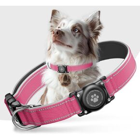 Airtag Dog Collar - 100% Waterproof Air tag Dog Collar Holder for Apple AirTag, Reflective, Soft Padded, Everlasting, GPS Dog Collar for Small Medium Large Dogs (Pink, S)