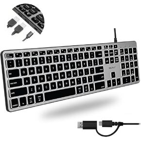 Macally Wired Keyboard for Mac with USB Hub (2X USB-A / 1x USB-C) - Compatible Backlit Apple Keyboard with Dual Interface - Auto OS Detection for Mac, MacBook Pro/Air, iMac, PC, Android, iPad, iOS