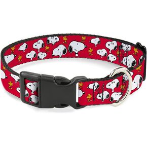 Peanuts Worldwide LLC Pet Collar, Dog Collar Plastic Buckle, Peanuts Snoopy and Woodstock Poses Scattered Red, 11 to 16.5 Inches 1.0 Inch Wide