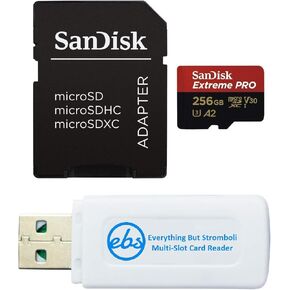 SanDisk microSDXC Extreme PRO 256GB Memory Card Compatible with DJI Air 3S, Air 3 Drone and OSMO Action 4 (SDSQXCD-256G-GN6MA) Bundle with 1 Everything But Stromboli MicroSD & SD Card Reader