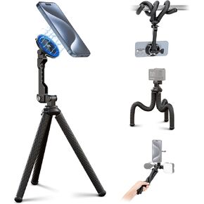 JJC Magnetic Flexible Phone Tripod for iPhone, Bendable Octopus Phone Tripod with 1/4" Screw & Gopro Mount Compatible with iPhone Android Phone Gopro Digital Camera for Video Recording Vlogging