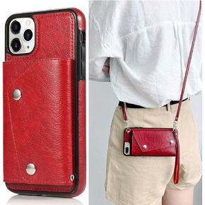LUVI for iPhone 11 Pro Card Holder Case with Neck Strap Crossbody Chain Handbag Wrist Strap Protective Cover with Credit Card Holder Slot PU Leather Wallet Case for iPhone 11 Pro Black