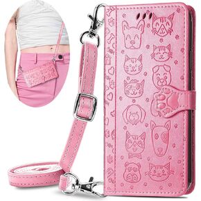 حافظة هاتف خلوي CCSmall Crossbody لهاتف Samsung Galaxy A04S/A13 5G (وليس 4G)، غطاء حماية قلاب بنمط كرتوني لطيف على شكل كلب قطة مع حزام حبل قابل للإزالة لهاتف Samsung Galaxy A13 5G/A04S MGG أرجواني