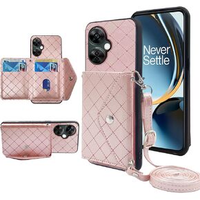 Wallet Case for OnePlus Nord N30 5G/CE 3 Lite with Crossbody Shoulder Strap and Stand Grid PU Leather Credit Card Holder Credit Slot Slim Phone Cover for Oppo K11x/One Plus 1 1+ N 30/CE3 Pink