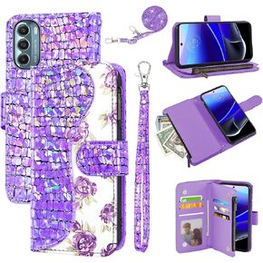 Floral Wallet Case for Motorola Moto G Stylus 5G 2022 with Wrist Strap Shoulder Strap Flip Zipper Purse Card Holder,Stand Glitter Bling Cell Phone Cover for XT2215-1 XT2215-4 XT2215DL Purple