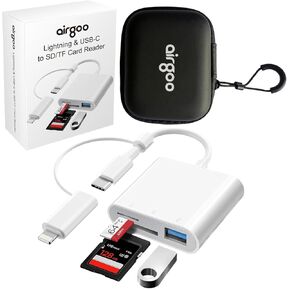 SD Card Reader for iPhone iPad, Airgoo Trail Camera 3-in-1 SD Memory Card Adapter with Dual Slots & USB Port, with Lightening & USB-C Dual connectors, with Portable eva Storage case Bag, AG-CRD01