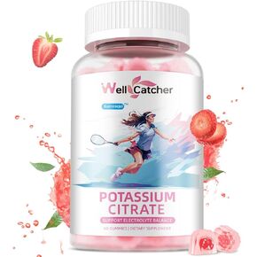 Potassium Citrate Gummies for Adults Men Women - High Potassium Supplement 500 MG Sugar Free Support Electrolyte Balance Leg Cramps Vegan Non-GMO Organic Strawberry Flavor 60 Counts
