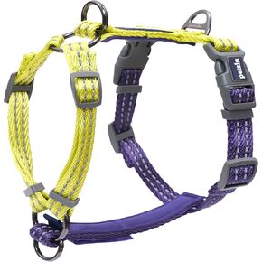 4 in 1 Dog Harness, Reflective Customizable Fit No-Pull Harness, Control from Chest, Neck, Back or Two Points Attachment, Ideal for Dog Training and Obedience, Purple/Lime Green, Large