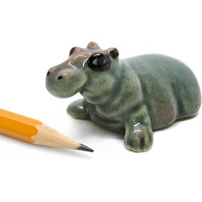 WitnyStore Tiny 1¼" Long Sitting Hippopotamus Figurine - Collectible Figure Hippo Tropical Wildlife Mammal Animal Art - Miniature Hand Made and Painted Ceramic Porcelain Clay Decor Souvenirs