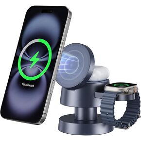 3-in-1 Wireless Charging Station with Night Light, Foldable Magnetic Stand Wireless Charger 15W Fast Charging for iPhone 16/15/14/AirPods,2.5W Wireless Charger for Apple Watch Ultra 9/8/SE/7