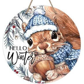 Deroro Christmas Squirrel Front Door Sign, Xmas Joy Acorn Poinsettia Wood Door Hanger Outdoor Outside Porch Decor, Funny Holiday Wooden Wreath Indoor Wall Hanging Decoration