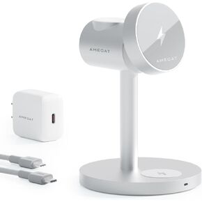 MagFusion 3-in-1 Charging Station MagSafe-Compatible, Qi2 Certified 15W Wireless Charger Stand, Apple Watch Charger, Magnetic Charger for iPhone 16/15/14/13/12, AirPods, Silver