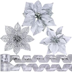 Winlyn 26 Set 3 Style Christmas Gold Glitter Poinsettia Flowers Picks Xmas Tree Ornaments and 12 Yards Decorative Gold Glittered Wired Ribbon for Gold Christmas Tree Wreaths Garland Holiday Décor
