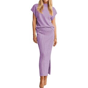 Pink Queen Women's 2 Piece Sweater Outfits Set Summer Cap Sleeve Tops Bodycon Maxi Long Skirt Knit Dresses