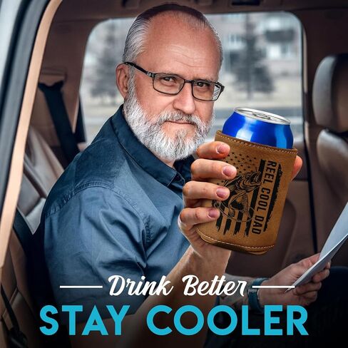 Christmas Fishing Gifts For Dad - Fishing Present For Dad, Husband From Son, Wife - Christmas, Birthday Gift For Fisherman - Reel Cool Dad 12Oz Fit Collapsible Leather Beer Can Cooler Holder in Saudi Arabia