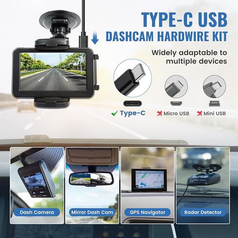 EWAY Type-C USB C Port Dash Cam Hardwire Kit, 3-Lead Acc Hard Wire Kit for Dash Camera 24H Parking Monitor, Low Voltage Protection 12V- 24V to 5V w/Fuses Dashboard Camera Power Supply Cord 11.5ft in Kuwait