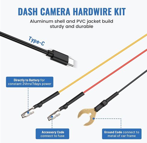 EWAY Type-C USB C Port Dash Cam Hardwire Kit, 3-Lead Acc Hard Wire Kit for Dash Camera 24H Parking Monitor, Low Voltage Protection 12V- 24V to 5V w/Fuses Dashboard Camera Power Supply Cord 11.5ft in Kuwait