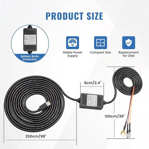 EWAY Type-C USB C Port Dash Cam Hardwire Kit, 3-Lead Acc Hard Wire Kit for Dash Camera 24H Parking Monitor, Low Voltage Protection 12V- 24V to 5V w/Fuses Dashboard Camera Power Supply Cord 11.5ft in Kuwait