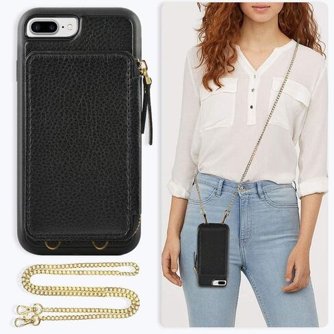 ZVE for iPhone 8 Plus Case with Wallet, for iPhone 8 Plus Wallet Case with Credit Card Holder Slot Leather Wallet Case with Crossbody Strap and Wrist Strap for iPhone 7 Plus/8 Plus 5.5 Inch - Black in Saudi Arabia