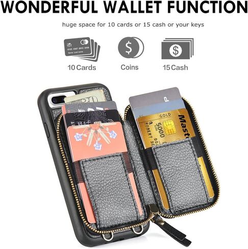 ZVE for iPhone 8 Plus Case with Wallet, for iPhone 8 Plus Wallet Case with Credit Card Holder Slot Leather Wallet Case with Crossbody Strap and Wrist Strap for iPhone 7 Plus/8 Plus 5.5 Inch - Black in Saudi Arabia