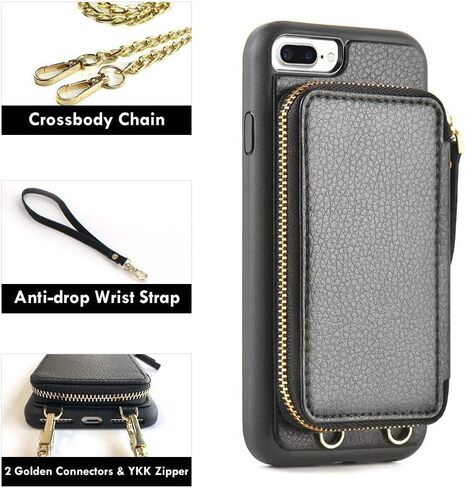 ZVE for iPhone 8 Plus Case with Wallet, for iPhone 8 Plus Wallet Case with Credit Card Holder Slot Leather Wallet Case with Crossbody Strap and Wrist Strap for iPhone 7 Plus/8 Plus 5.5 Inch - Black in Saudi Arabia