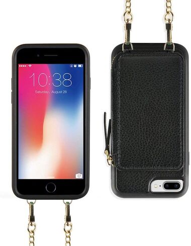 ZVE for iPhone 8 Plus Case with Wallet, for iPhone 8 Plus Wallet Case with Credit Card Holder Slot Leather Wallet Case with Crossbody Strap and Wrist Strap for iPhone 7 Plus/8 Plus 5.5 Inch - Black in Saudi Arabia