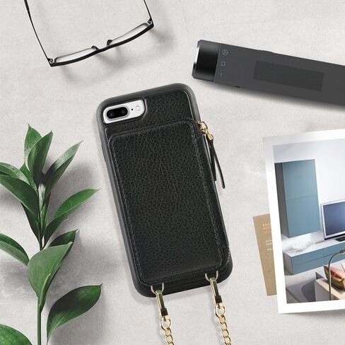 ZVE for iPhone 8 Plus Case with Wallet, for iPhone 8 Plus Wallet Case with Credit Card Holder Slot Leather Wallet Case with Crossbody Strap and Wrist Strap for iPhone 7 Plus/8 Plus 5.5 Inch - Black in Saudi Arabia