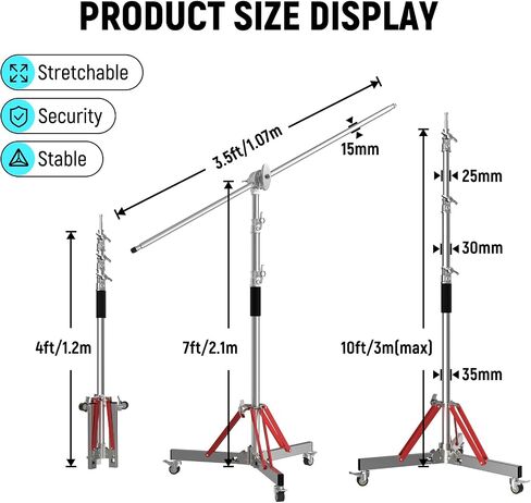 C Stand Photography Heavy Duty Stainless Steel Light Stand, Adjustable 10ft with Wheeled Extension Grip Arms in Saudi Arabia